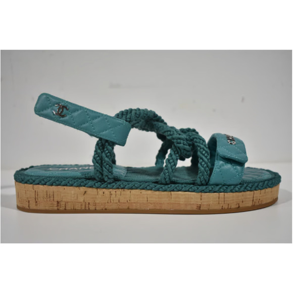 Chanel 21S Dad Green Blue Cord Rope CC Quilted Mule Ankle Strap Sandal Flat 40 - Picture 2 of 12
